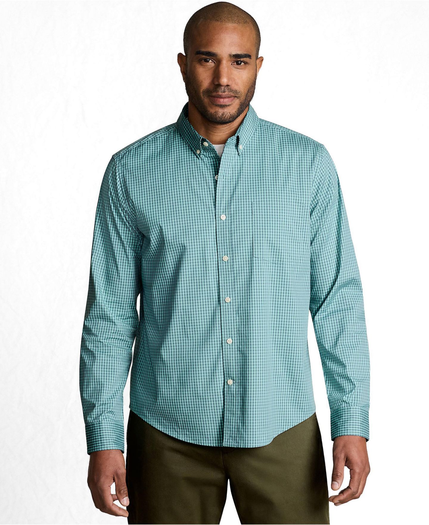 Мужские рубашки Lands' End Long Sleeve Tailored Fit Travel Kit, цвет: Синий клетчатый — фото 2