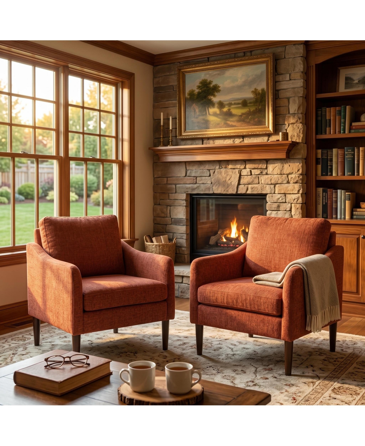 homfan Mid Century Modern Accent Chairs Set of 2, Chenille Armchairs with Curved Arms, Comfortable Lounge and Reading Chairs for Living Room - Orange
