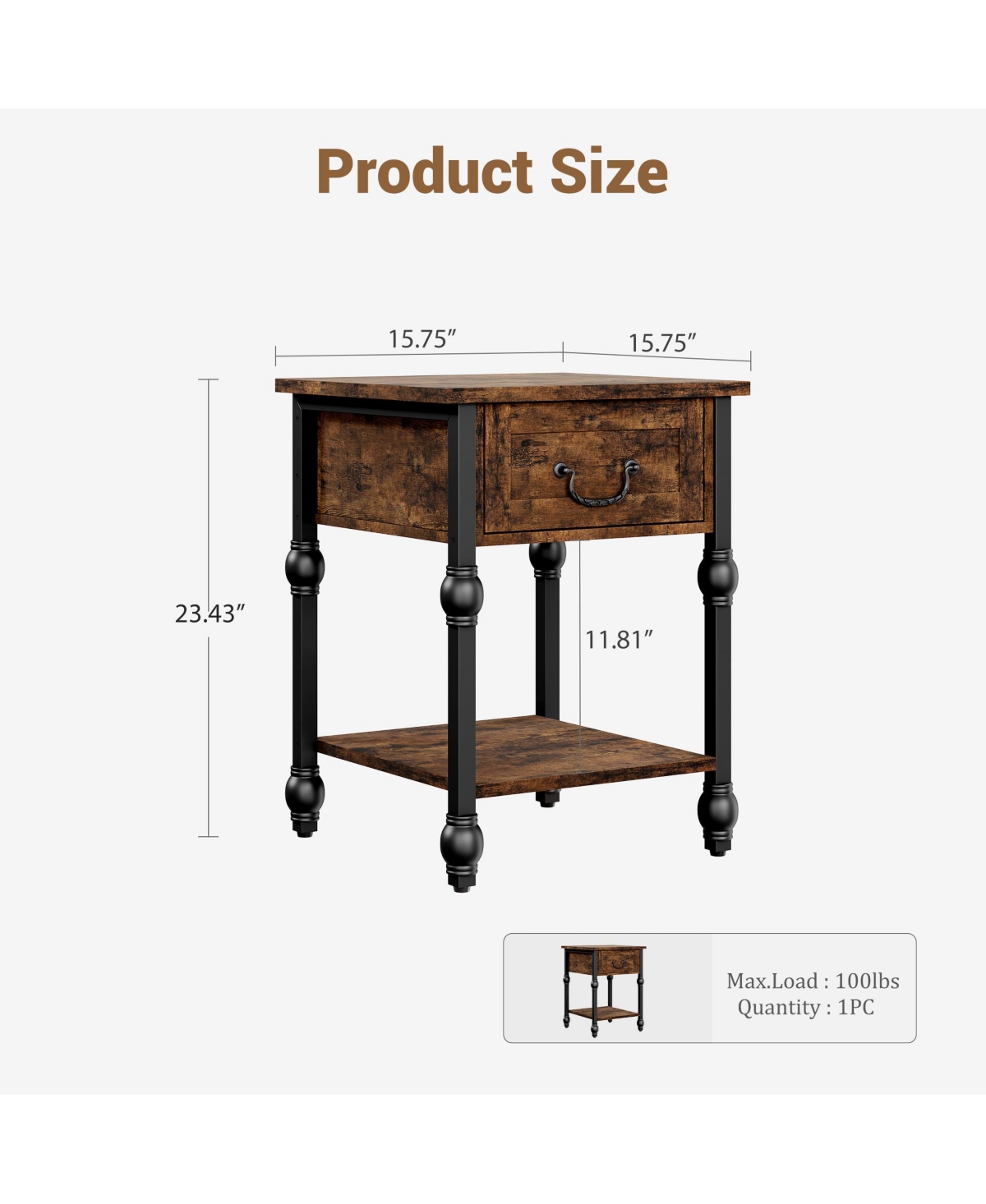 homfan Industrial End Table with Drawer and 2 Tiers, Retro Brown Nightstand for Bedroom Living Room