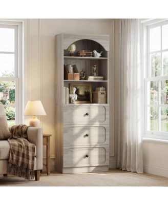 Wooden Pantry Storage Cabinets with 3-Tier Open Shelves, 80" Tall Bookshelf with 3 Drawers