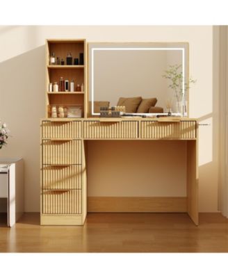 Vanity with 6 Drawers and Charging Station, Fluted Table with Mirror and Lights, Modern Adjustable Shelves and Glass Top for Women