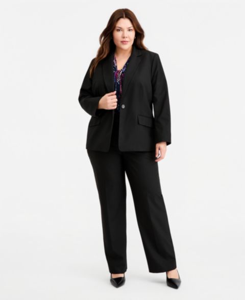 Женские комплекты Kasper Plus Size One-Button Blazer & Mid-Rise Straight Leg Pants, цвет: Чёрный