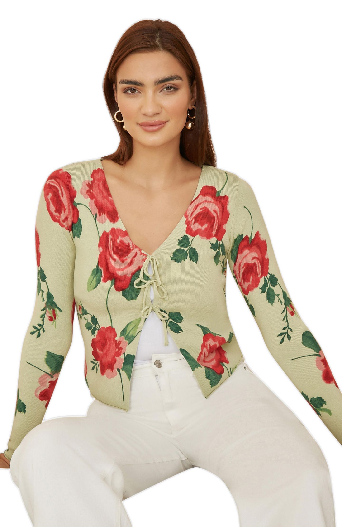 Женский кардиган Yumi Long Sleeve V-Neck Tie Front, цвет: Зелёный — фото 4