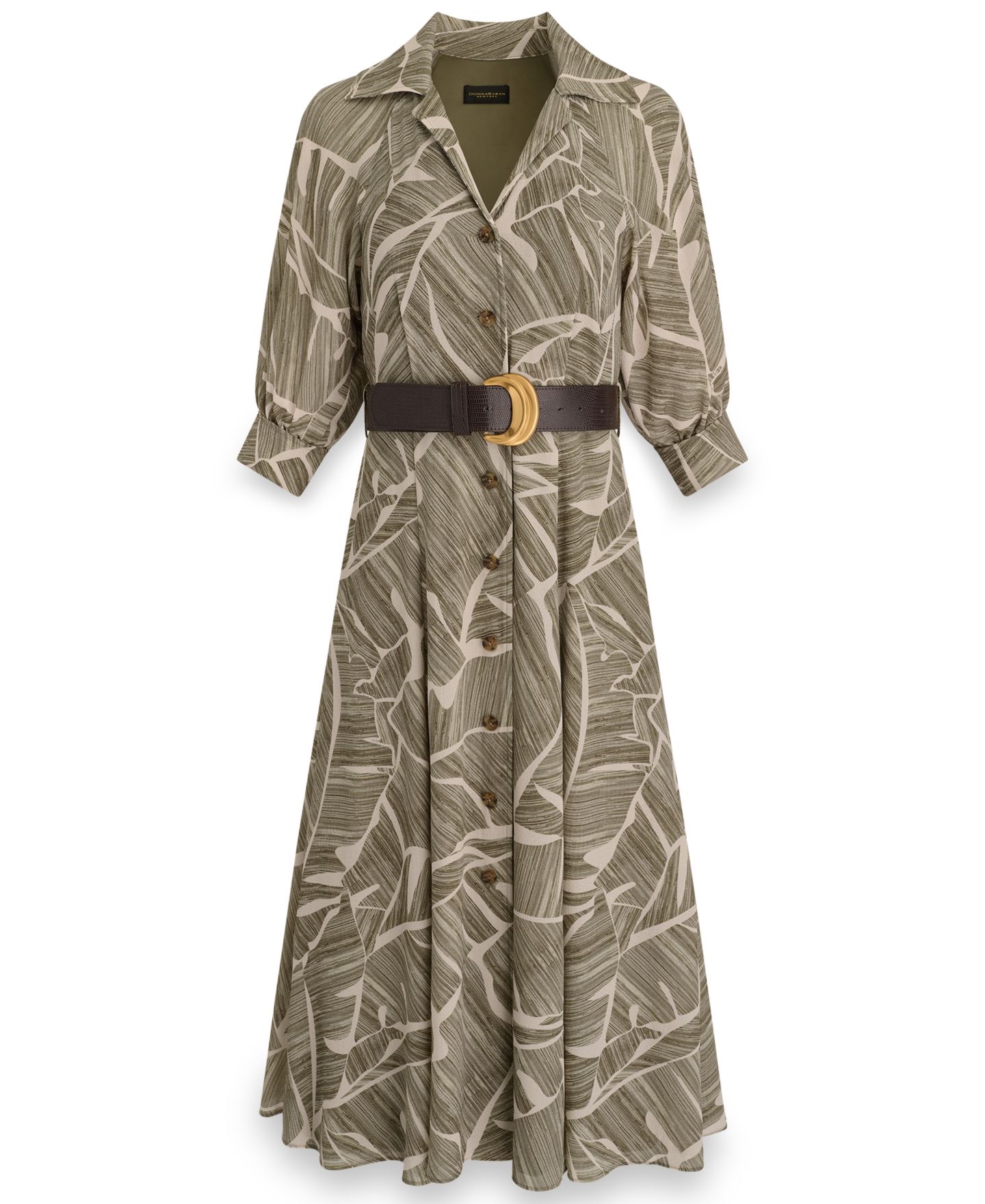 Женское платье Donna Karan New York Printed Collared Shirt Dress with Faux Leather Belt, цвет: Оливковый разноцветный — фото 9