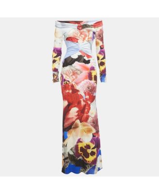 Women's Multicolor Floral Printed Jersey Off Shoulder Dress