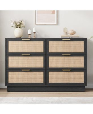 6-Drawer Rattan Dresser with Integrated Legs, 47" Wide Boho Chest for Bedroom Hallway Entryway Closet