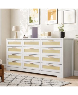12-Drawer Rattan Dresser, Modern Chest of Drawers with Rattan Panels, Storage Organizer for Bedroom Nursery Entryway Living Room