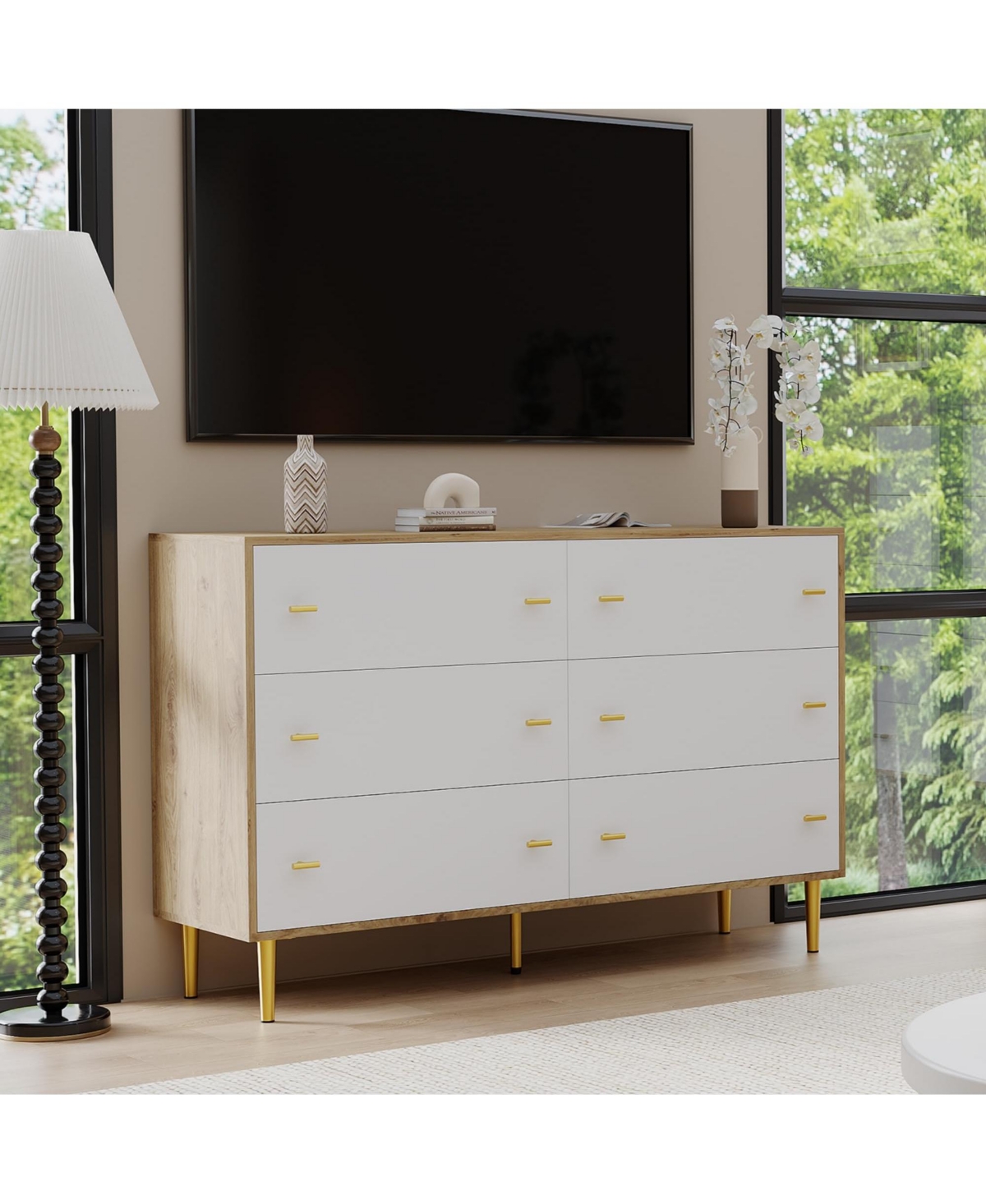 homfan 6-Drawer Farmhouse Dresser, Wide Wood Rustic Chest of Drawers with Bar Handles for Bedroom Living Room Hallway