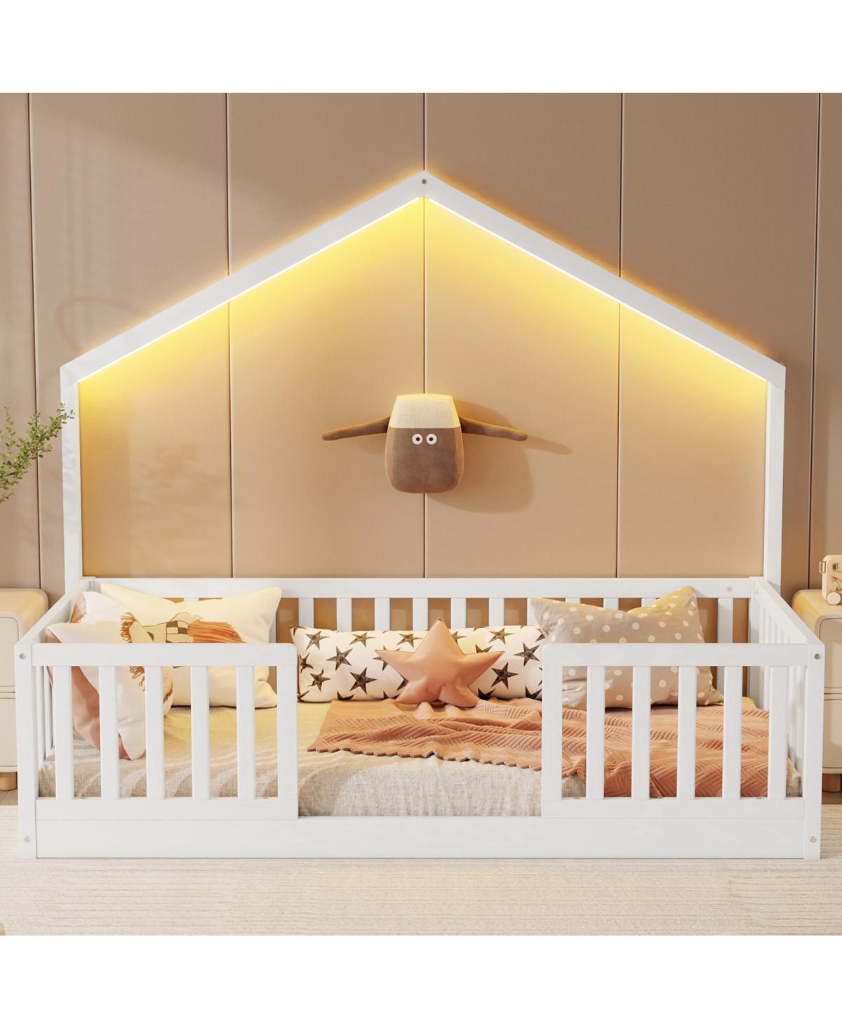 Streamdale Furniture Wooden Montessori Floor Bed with High Rails and Light