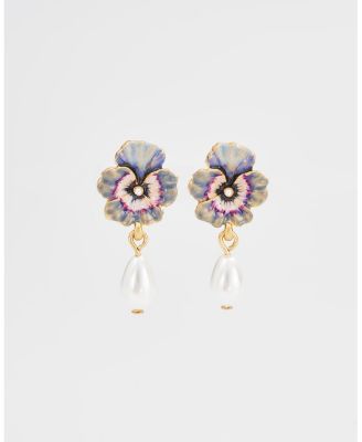 Gold Pansy and Pearl Drop Stud Earrings