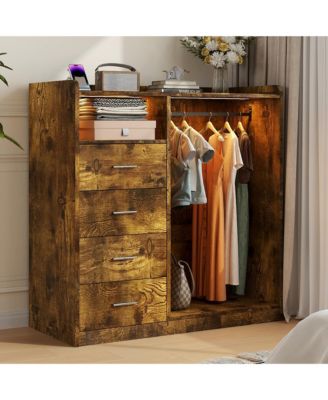 4-Drawer Dresser with Hanging Rack, LED Lights and Charging Station, Storage Organizer for Bedroom Living Room, Multiple Finishes