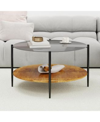 Mid-Century Modern Round Glass Coffee Table with Storage Shelf, 32.28