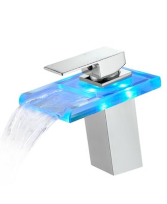 Bathroom Sink Faucet LED Light 3 Colors Changing Waterfall Glass Spout Hot Cold Water Mixer Single Handle One Hole Deck Mounted Bathroom Faucet