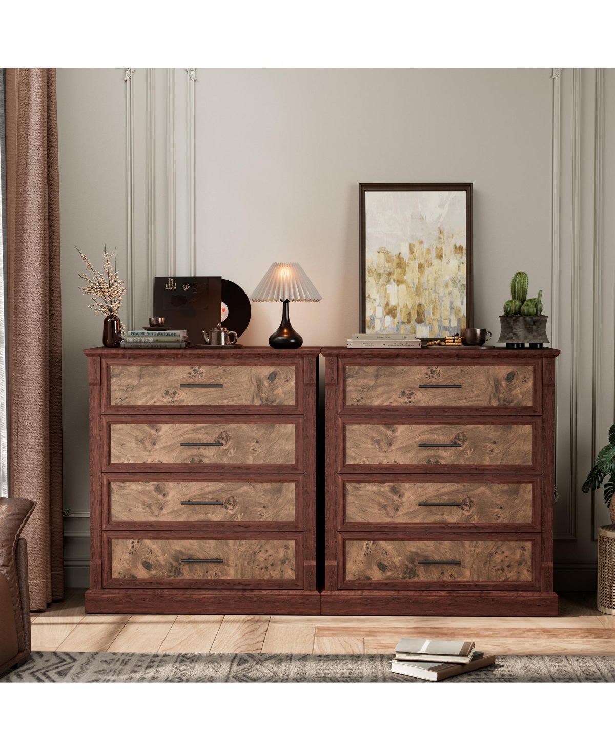 homfan 4-Drawer Farmhouse Tall Chest with Metal Handles, Rustic Dresser for Bedroom Living Room Hallway