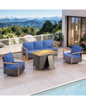 4 Pieces Patio Furniture Set with Propane Fire Pit Table, Deep Seating Wicker Sofa Couch with Swivel Glider Chairs Set Patio Conversation Set