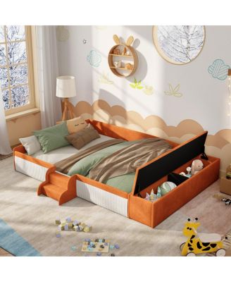 Queen Velvet Upholstered Daybed with Stairs and Gas Lift Storage