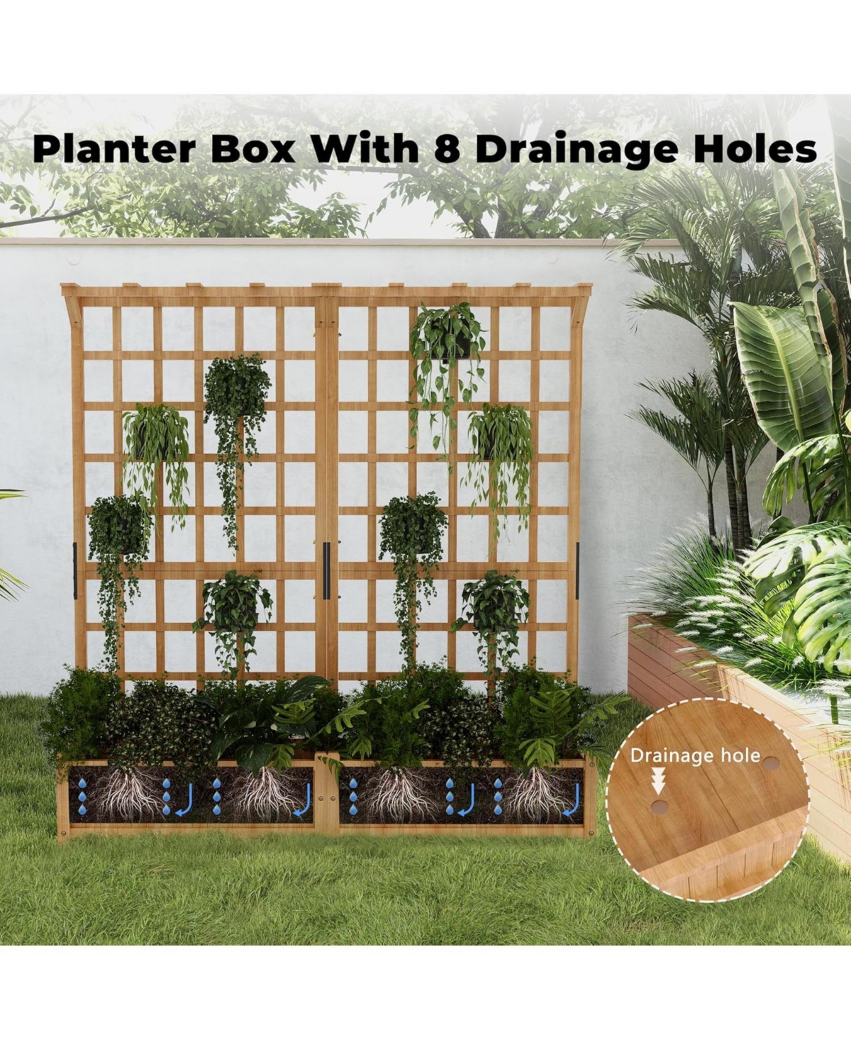 Xo 2-Tier Wooden Planter Box with Trellis, Elevated Raised Garden Bed with Roof and Drainage for Vegetables, Flowers