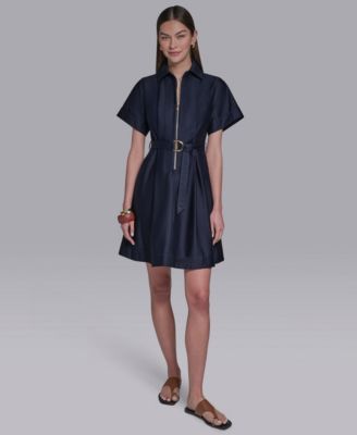 Women's Collared Zip-Front Midi Shirt Dress