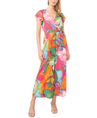 Women's Printed Tie-Waist Flutter-Sleeve V-Neck Jumpsuit