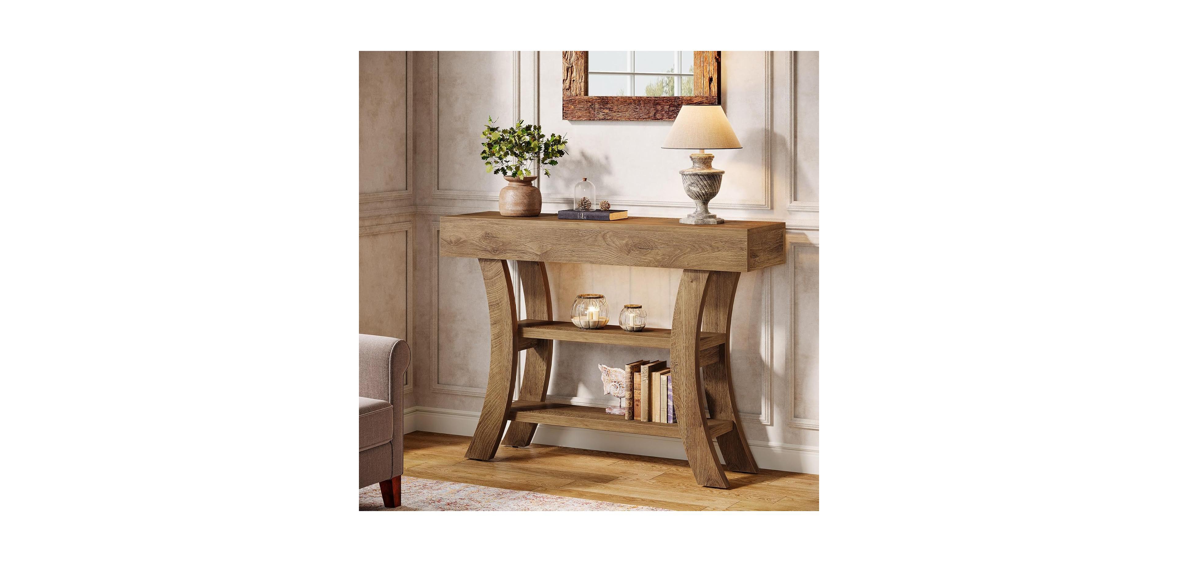 Tribesigns 41" Console Table, 3-Tier Narrow Rustic Sofa Table with Storage Shelves and Curved Frame for Living Room, Entry, Hallway, Foyer