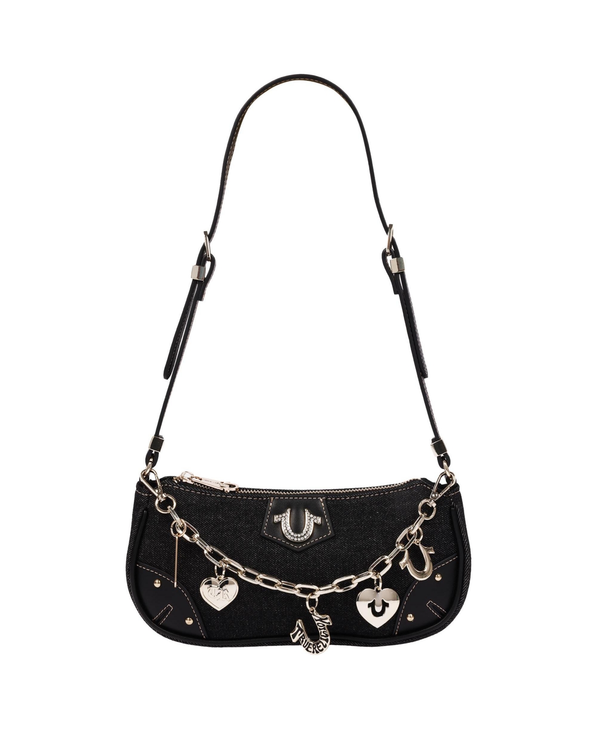 True Religion Women's Horseshoe Chain Shoulder Bag - Charm Detail Zip Top Purse with Adjustable Strap