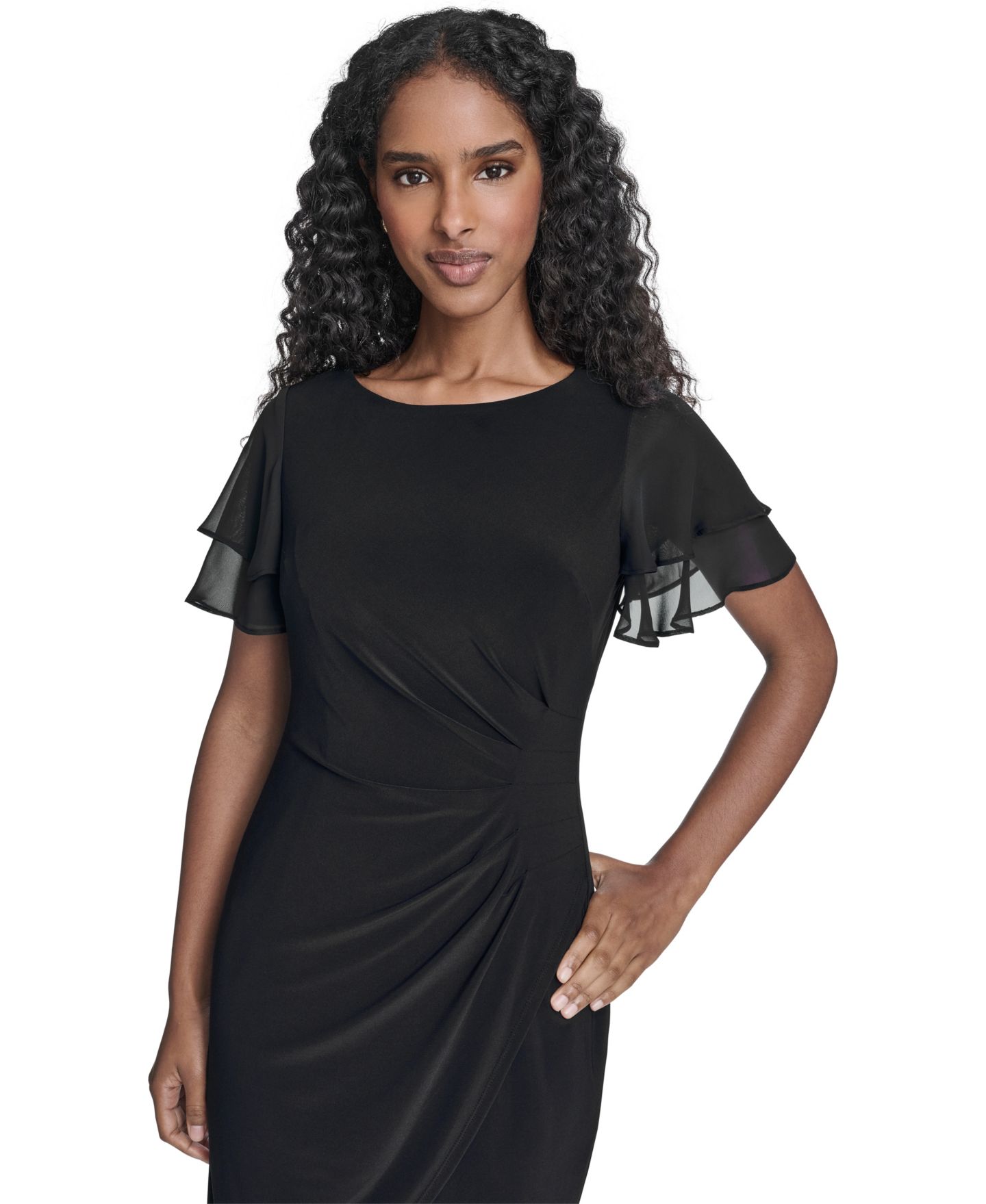 Женское платье Jessica Howard Petite Flutter-Sleeve Tuck Faux Wrap Sheath, цвет: Чёрный — фото 2
