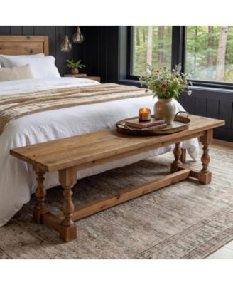 Rustic Solid Wood Entryway Bench, 59.1" Long Farmhouse Dining Seat with Turned Legs, End of Bed Bench
