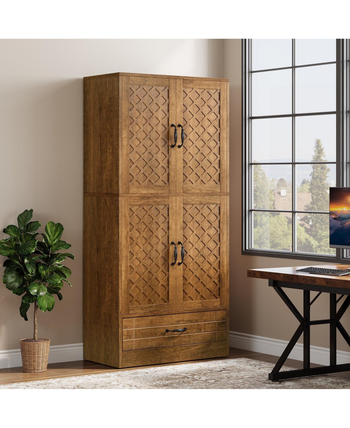 Slickblue 70 Inch Freestanding Bookshelf Cabinet with Door and Drawer