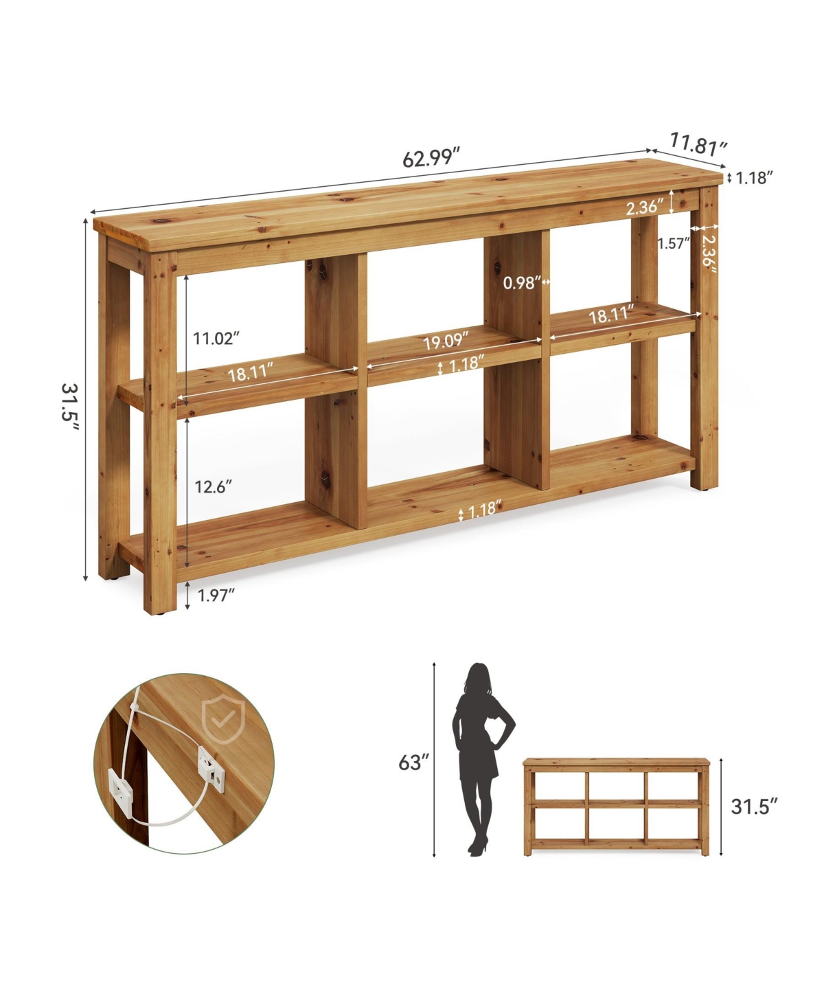Slickblue Solid Wood 3-Tier Sofa Table with 6 Storage Cubes for Living Room
