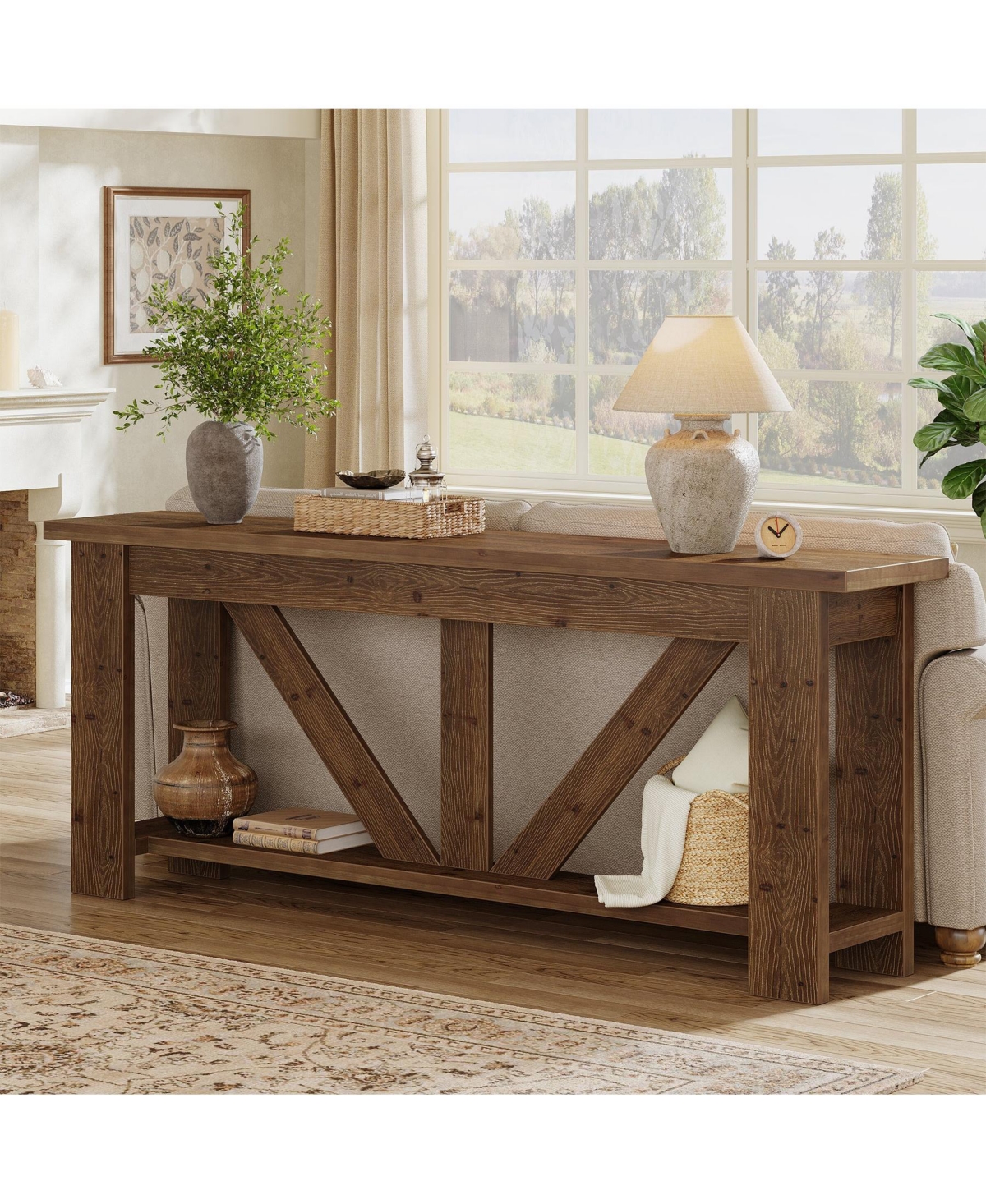 Slickblue 2-Tier Solid Wood Sofa Console Table with Storage for Behind Couch