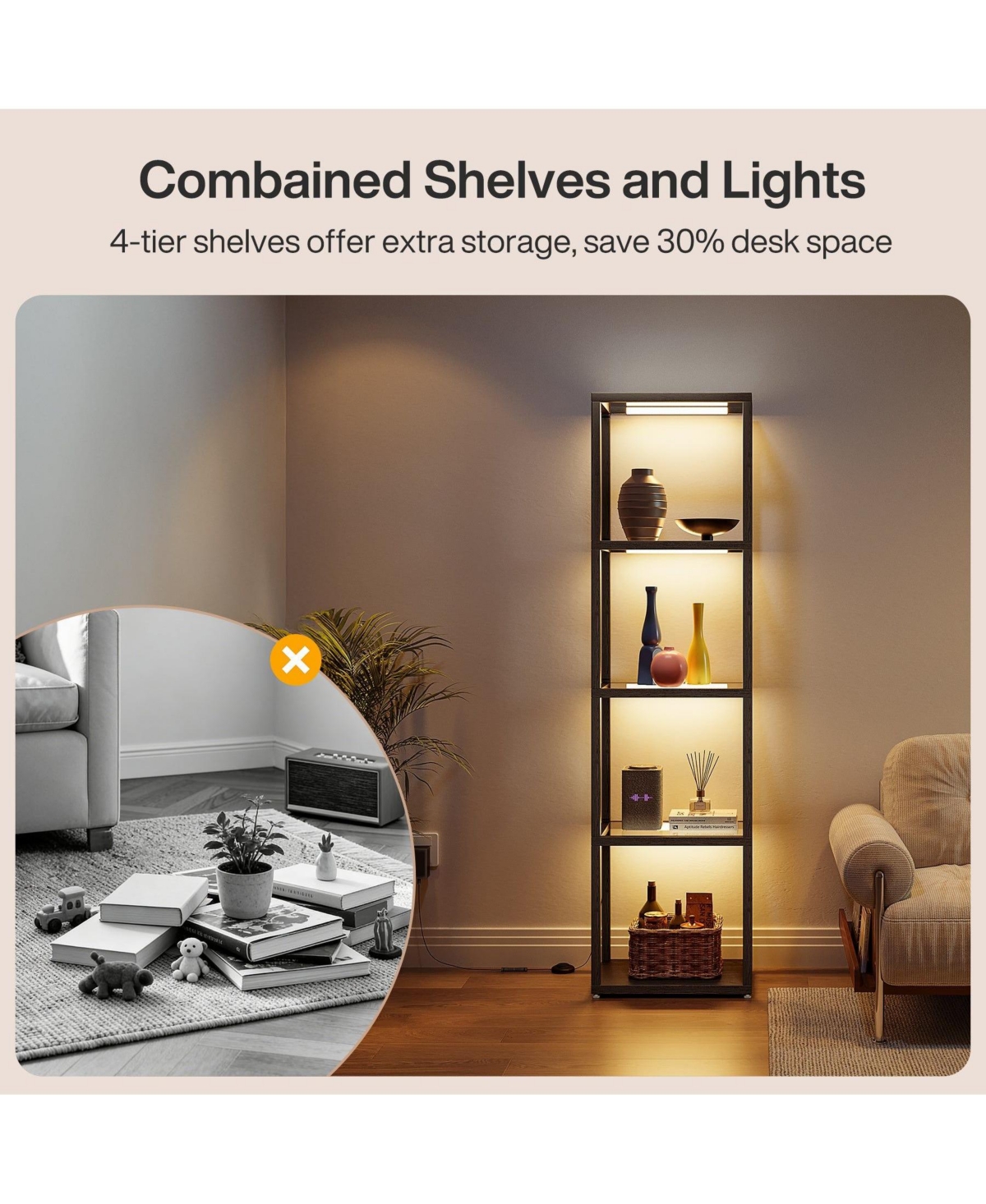 Slickblue Modern Floor Lamp with Glass Shelves and Built In Led Light