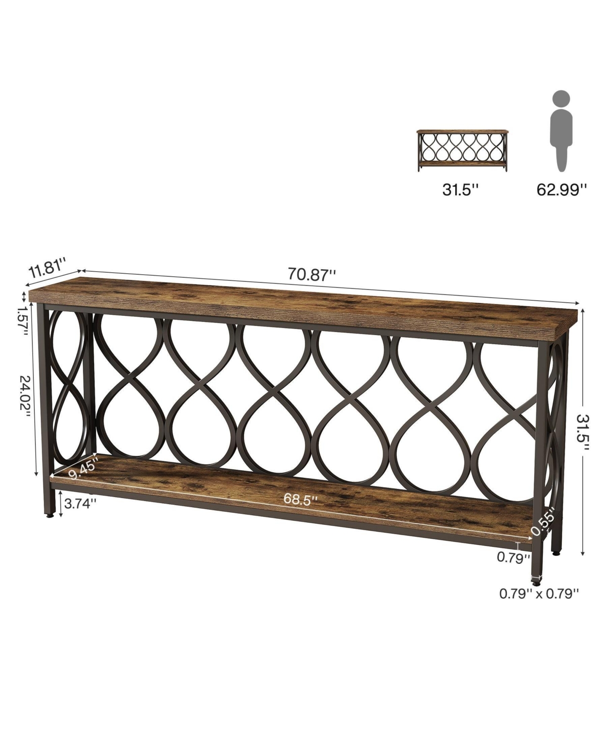 Slickblue Modern Industrial Console Table with 2-Tier Shelves for Living Room and Entryway