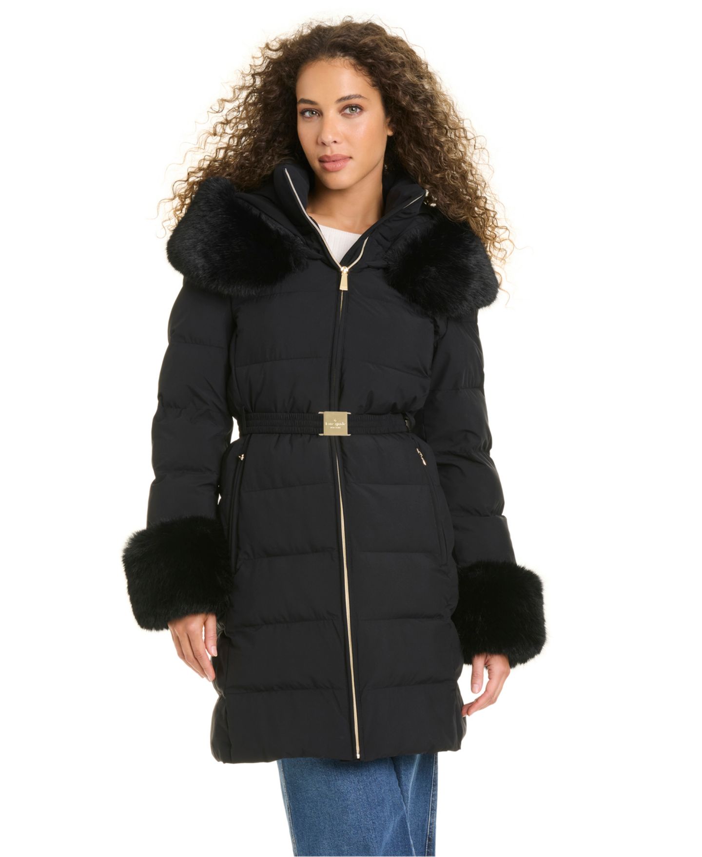 Женская куртка kate spade new york Faux-Fur Arm Cuff Hooded Puffer, цвет: Чёрный — фото 9