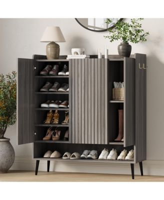 Large Shoe Cabinet with Doors, 3 Door Shoe Storage Cabinet with Adjustable Shelves and Hooks, 6 Tier Shoe Organizer Cabinet for Entryway