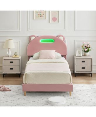 LED Upholstered Platform Bed Frame with Headboard, Wood Slat Support, Remote and App Control, Box Spring Not Required