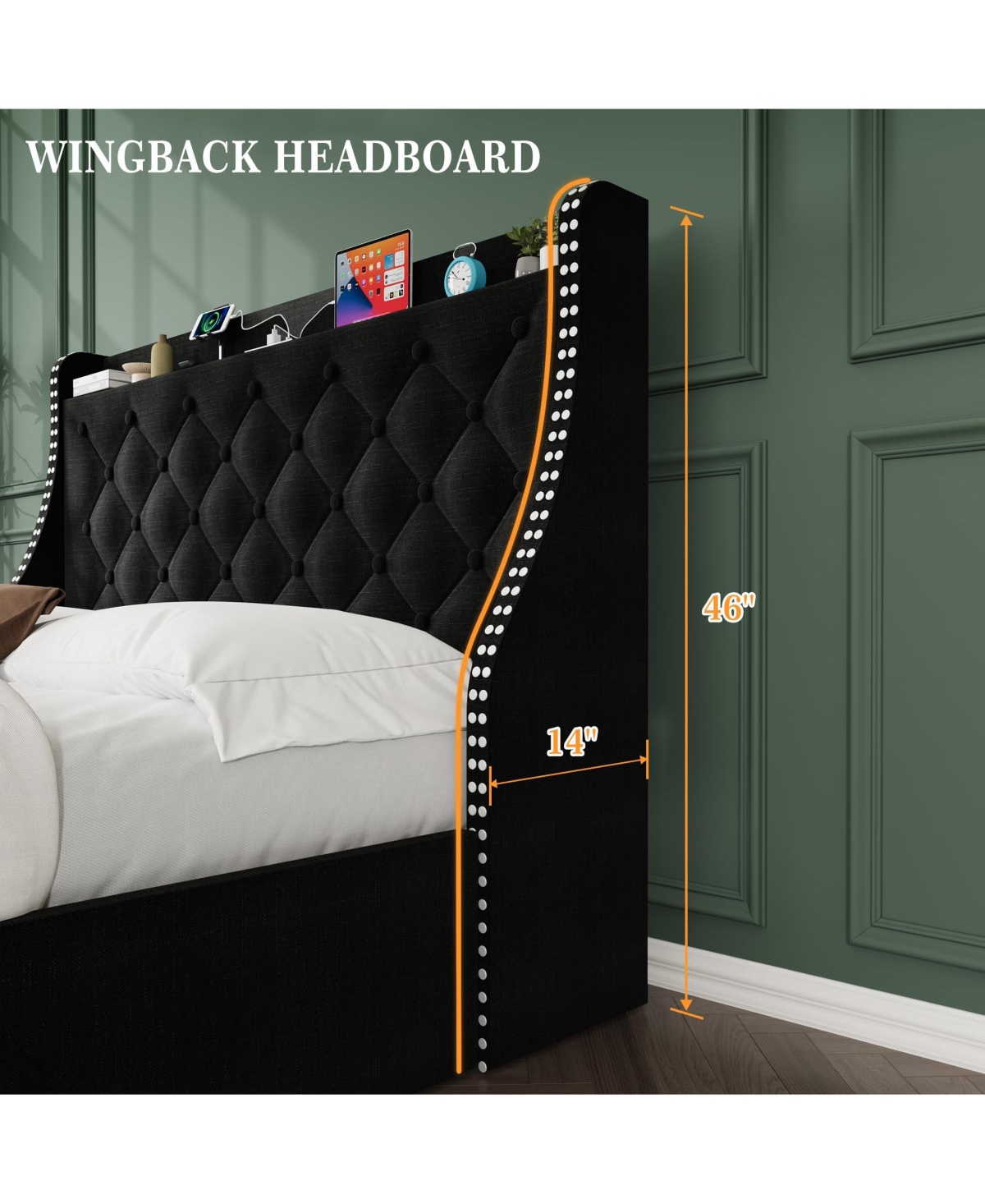 homfan Bed Frame with 4 Storage Drawers, Wingback Headboard, Charging Station, Wood Slat Support