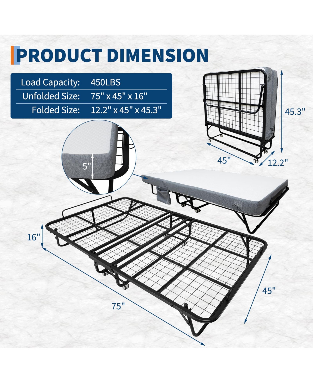 homfan Folding Bed with 5 in Memory Foam Mattress, Rollaway Guest Bed on Wheels