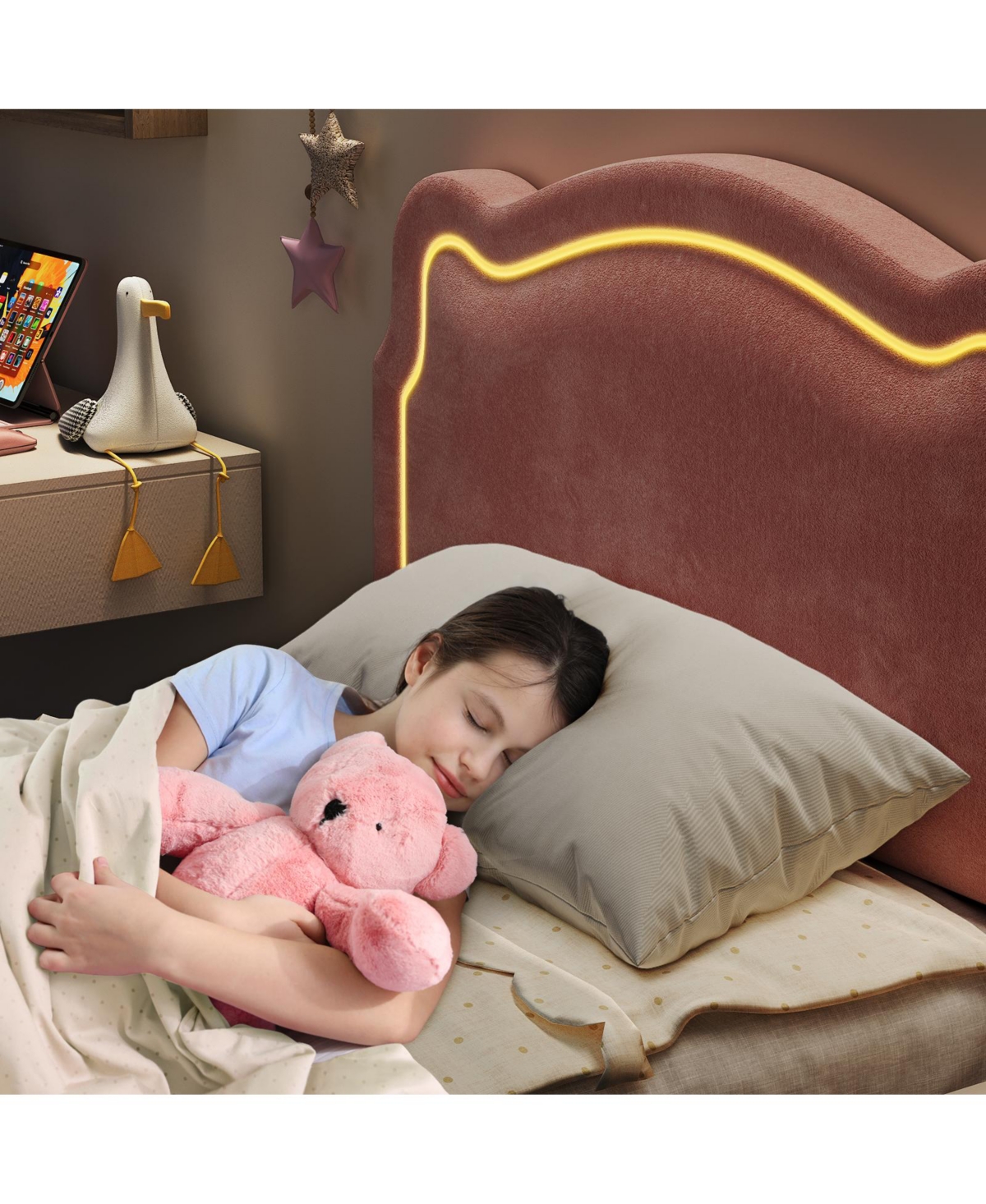 homfan Upholstered Twin Platform Bed with Bear-Shaped Headboard, Rgb Led Lights, Storage Drawer, Soft Fabric, Wooden Slats