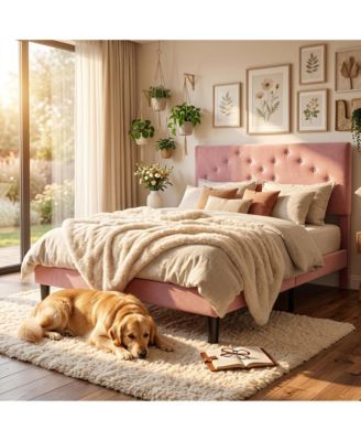Modern soft Upholstered Queen Platform Bed Frame, Tufted Headboard, Sturdy Wood Slats, No Box Spring Needed, Easy Assembly