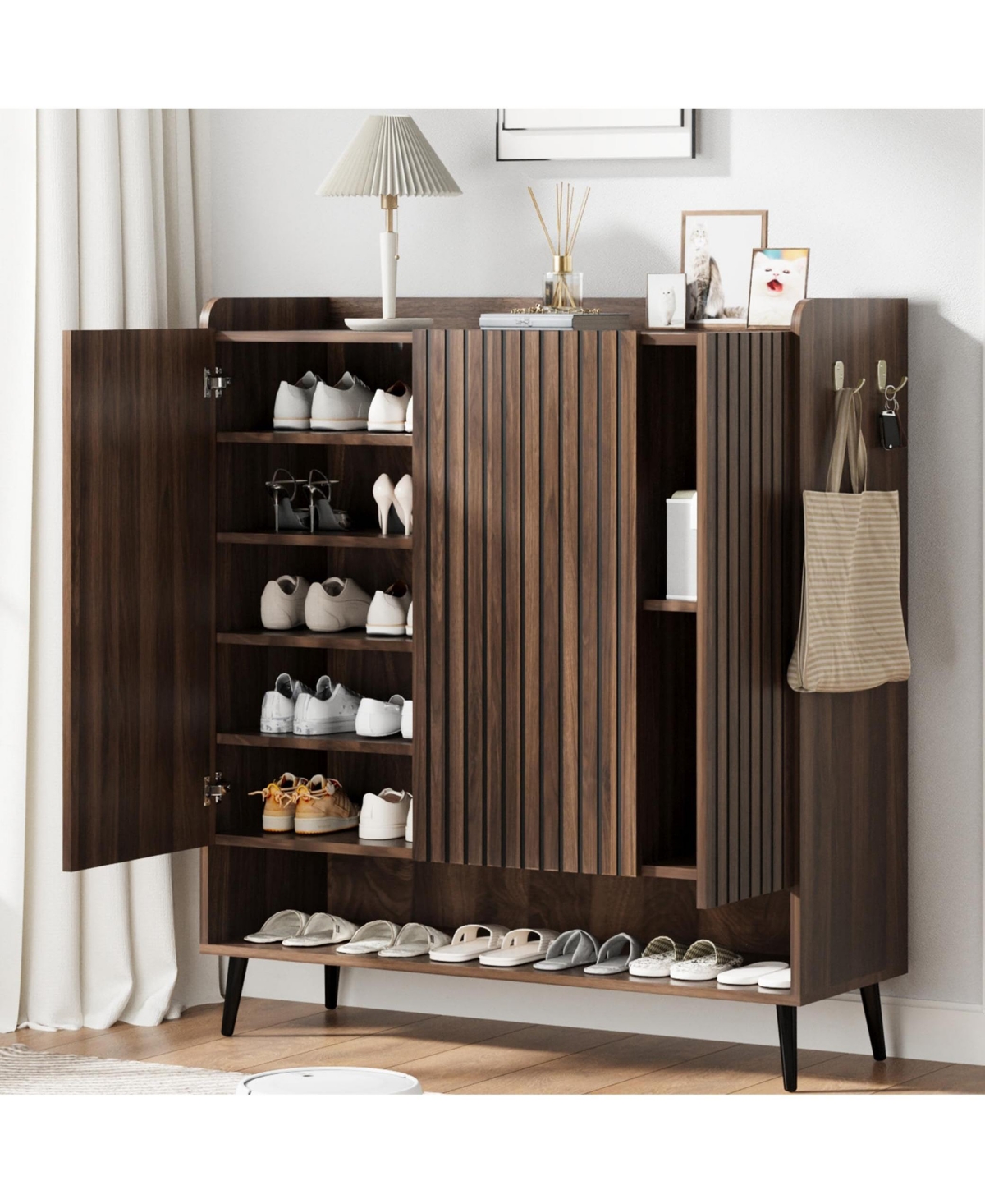 homfan Large Shoe Cabinet with Doors, 3 Door Storage Adjustable Shelves and Hooks, 6 Tier Organizer for Entryway