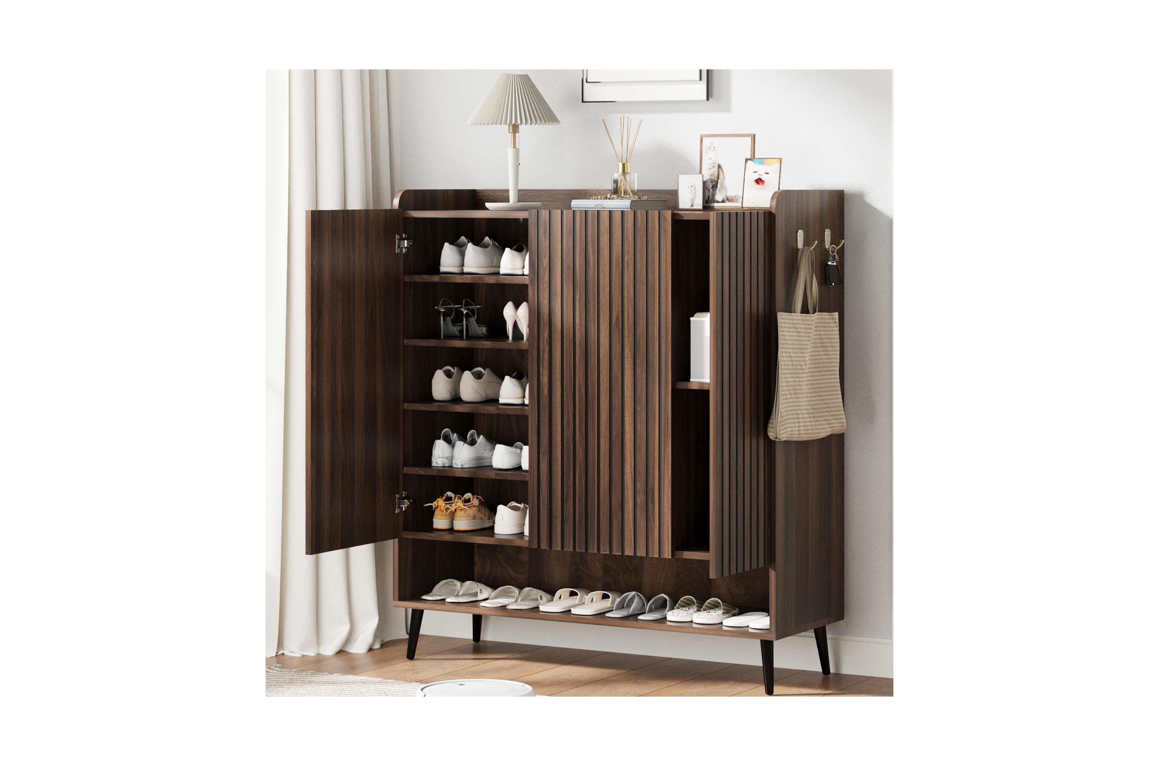 homfan Large Shoe Cabinet with Doors, 3 Door Storage Adjustable Shelves and Hooks, 6 Tier Organizer for Entryway