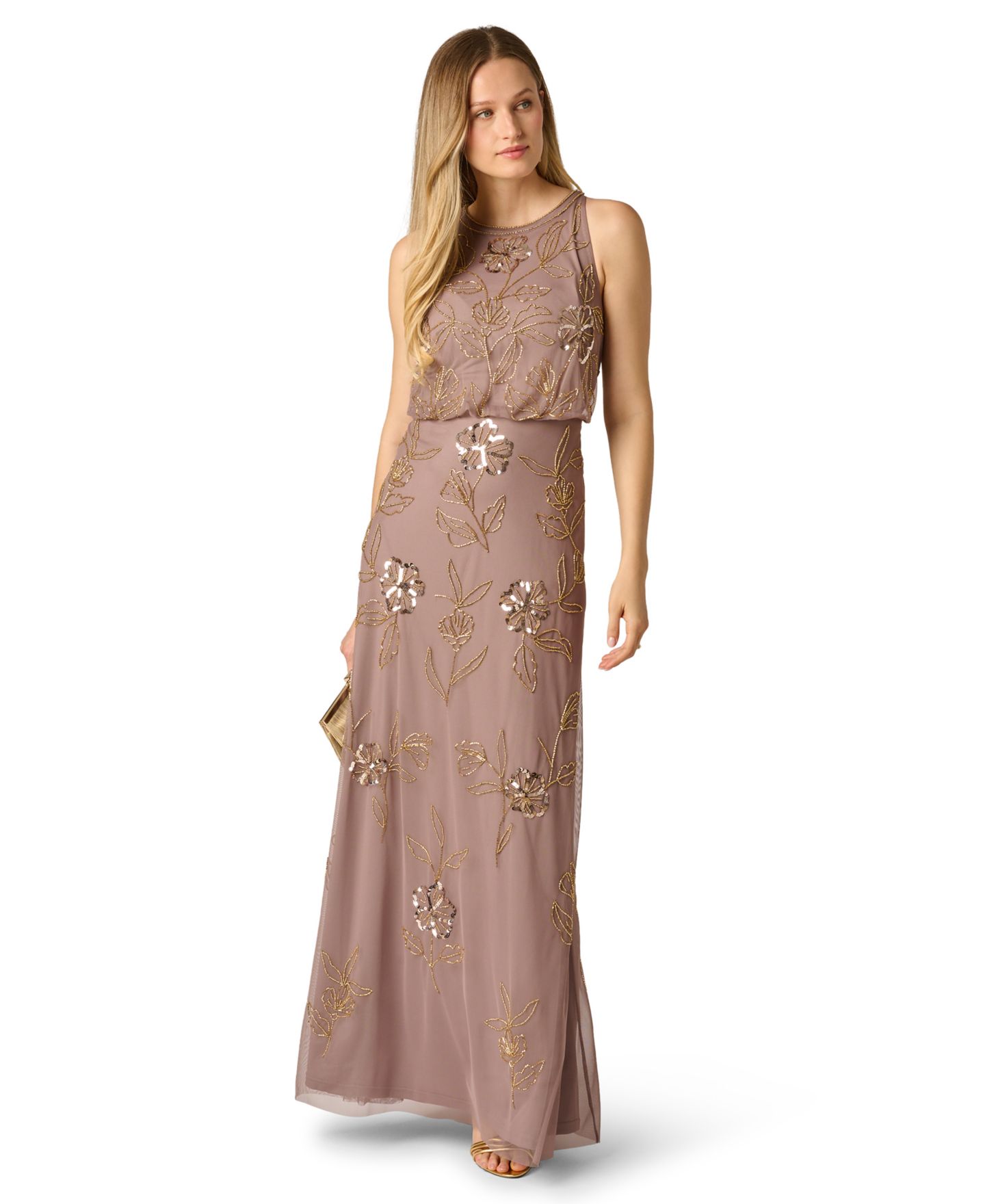 Женские платья Adrianna Papell Blouson Crewneck Beaded Ball Gown, цвет: Серо-бежевый — фото 2