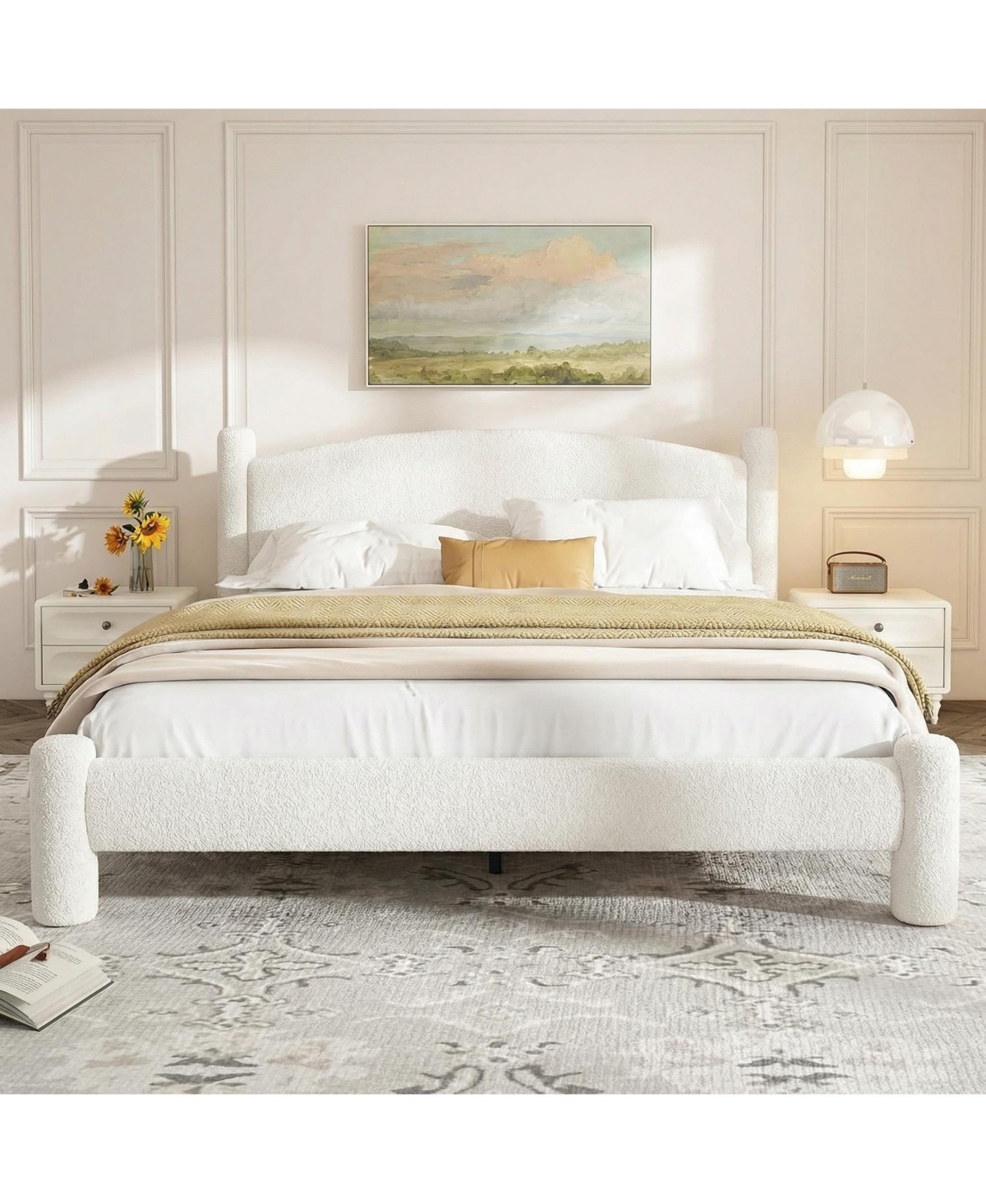 gaomon Boucle Bed Frame, Upholstered Cloud Bed Platform with 4 Round Sturdy Legs, Noise Free, No Box Spring Needed, Easy Assembly