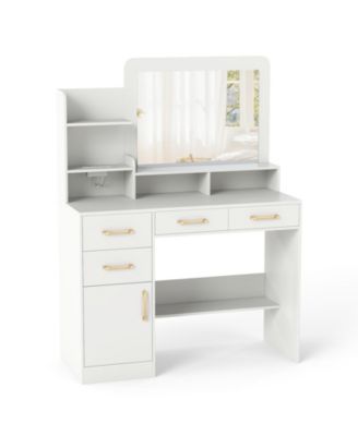 Functional Vanity Desk with Mirror and Electrical Outlets for Bedroom