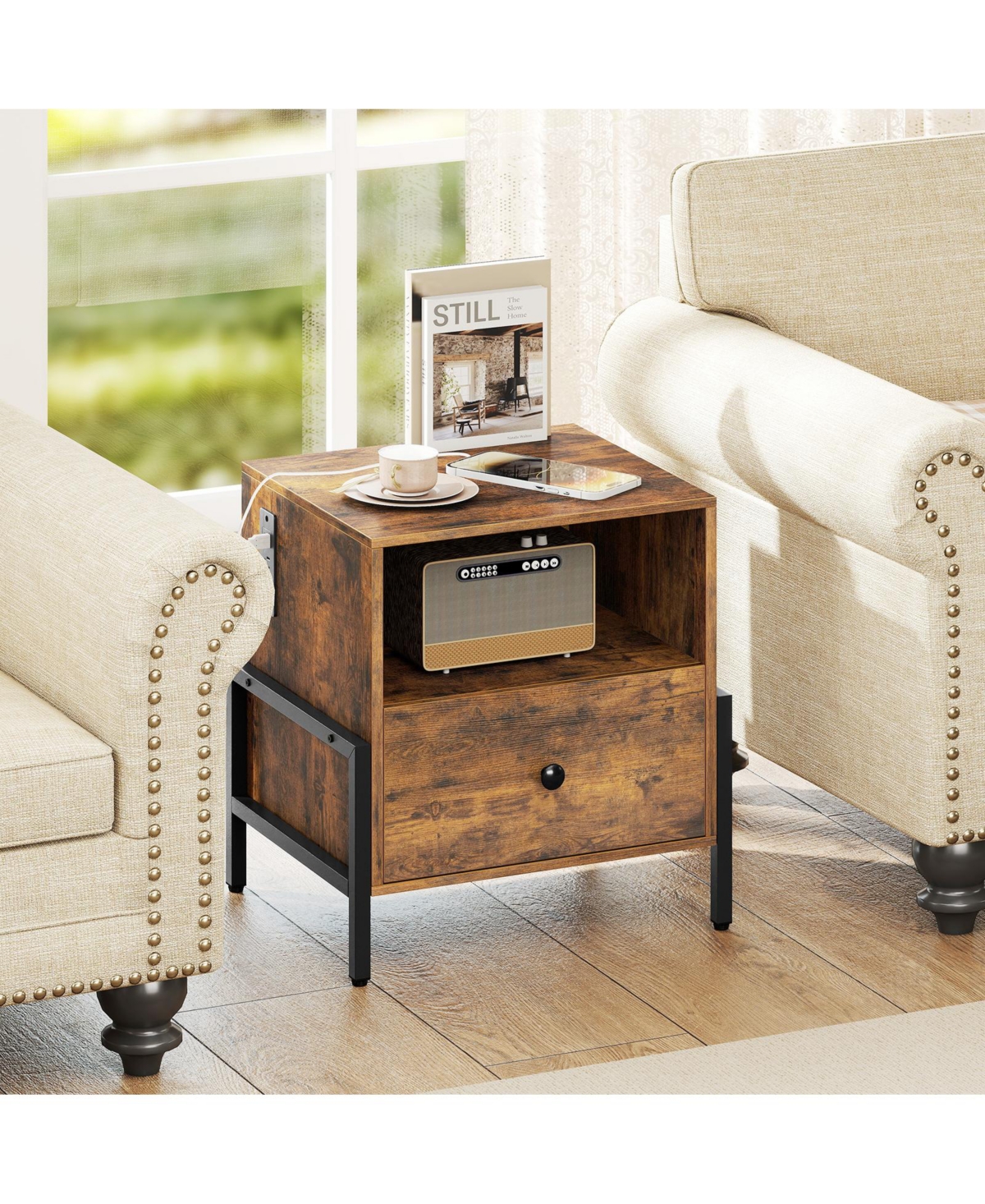 Slickblue Nightstand With Usb Charging Drawer, Convenient Sofa Side Table