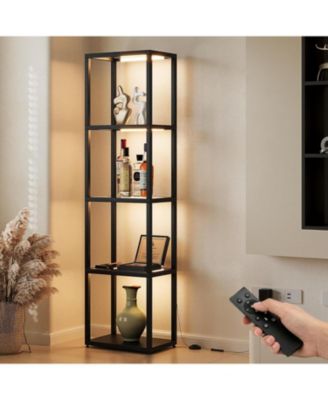 Display Shelf Floor Lamp with Shelves, Glass Display Cabinet with Remote and 3 CCT Dimmable LED,5-Tier Wooden Conner Bookshelf Lamp