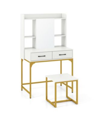 Makeup Vanity Desk with Drawers, Built-In Charging Station, and Step Stool