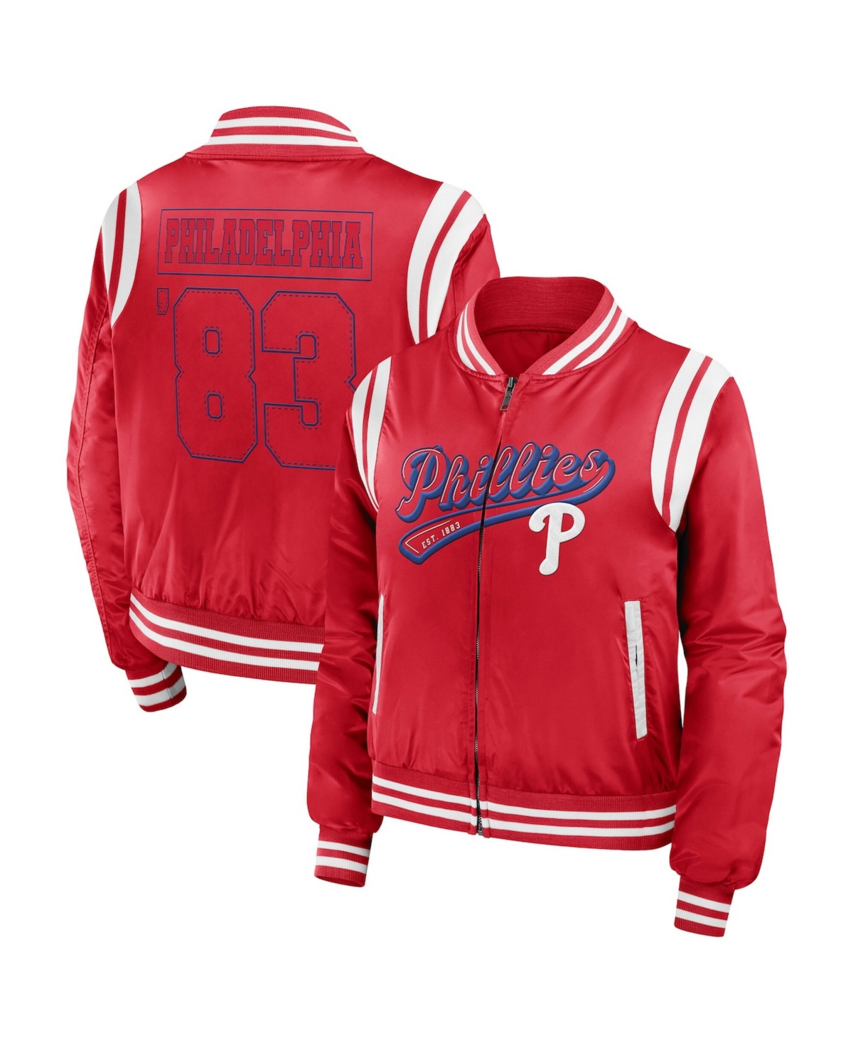 Wear by Erin Andrews Women's Red Philadelphia Phillies Football Bomber Jacket