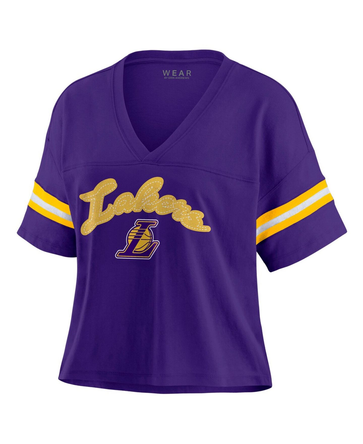 Женская футболка WEAR by Erin Andrews Purple Los Angeles Lakers Plus Size Color Block Boxy V-Neck — фото 2