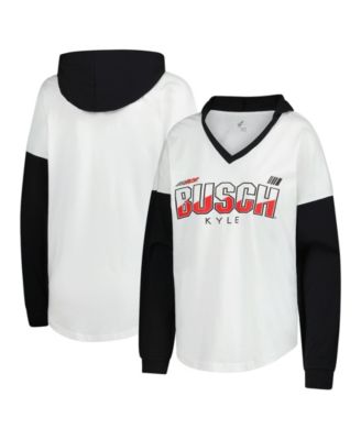 Women's White/Black Kyle Busch Bench Player Oversized Long Sleeve Hoodie V-Neck T-Shirt